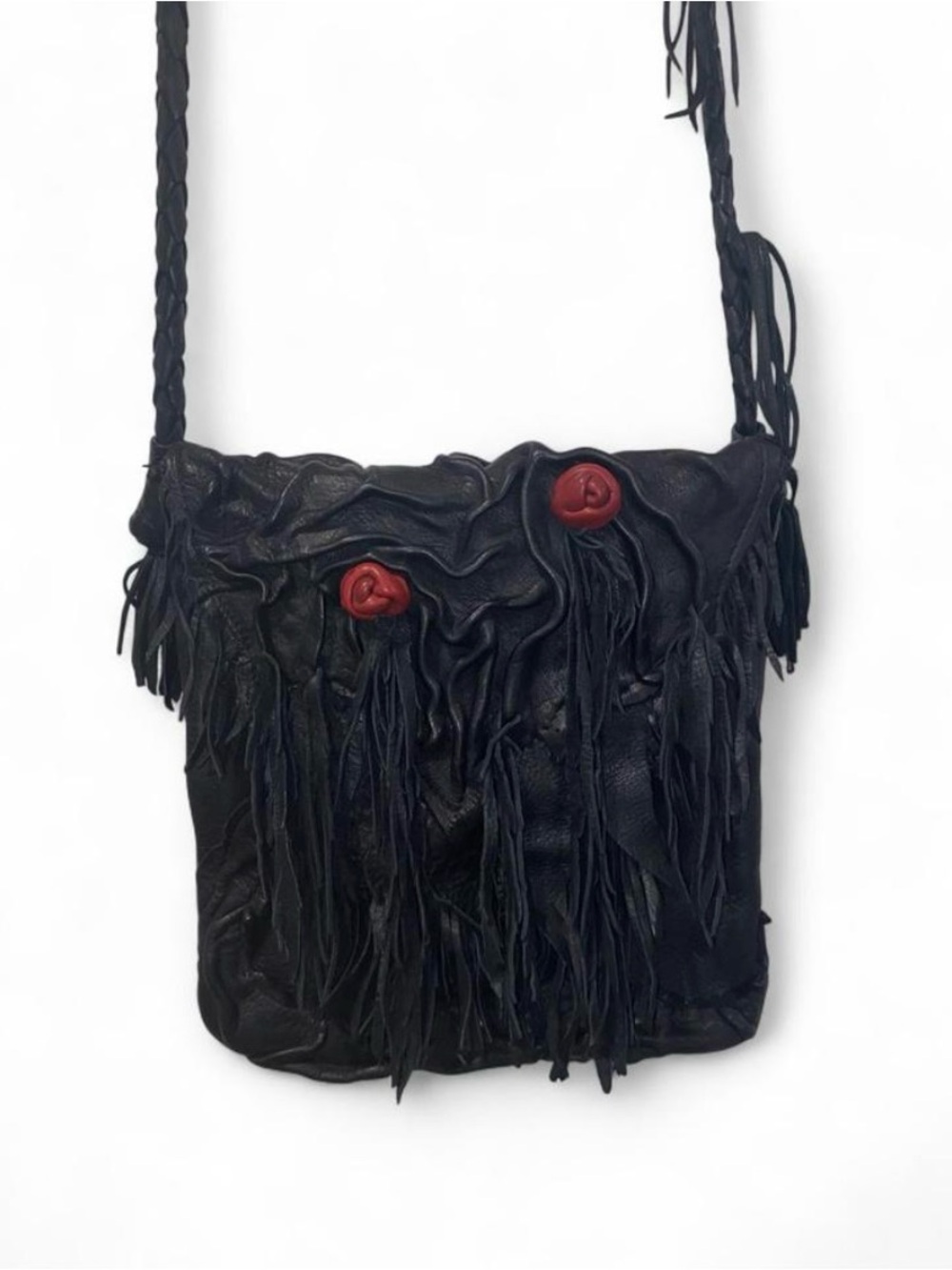 Vicki Love Designs (the Diane bag) Black leather fringe purse with red roses